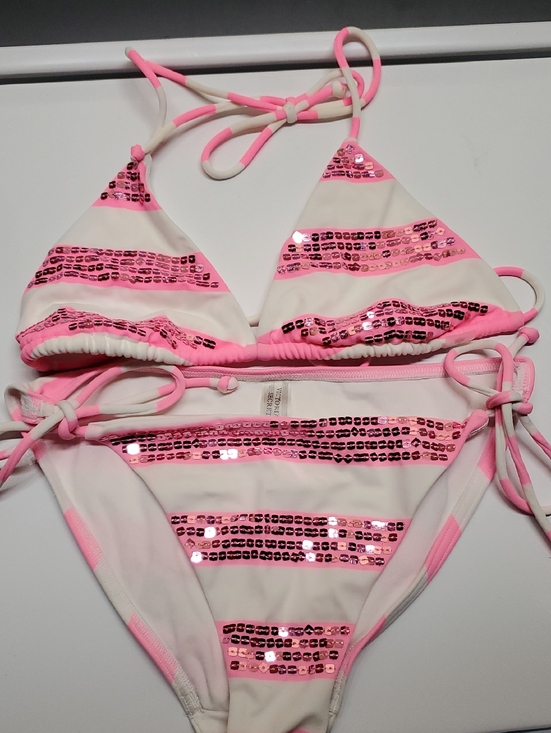 Victoria's Secret Other - Victoria's Secret Size M White and Pink Sequin Stripe Bikini 2 Piece Set